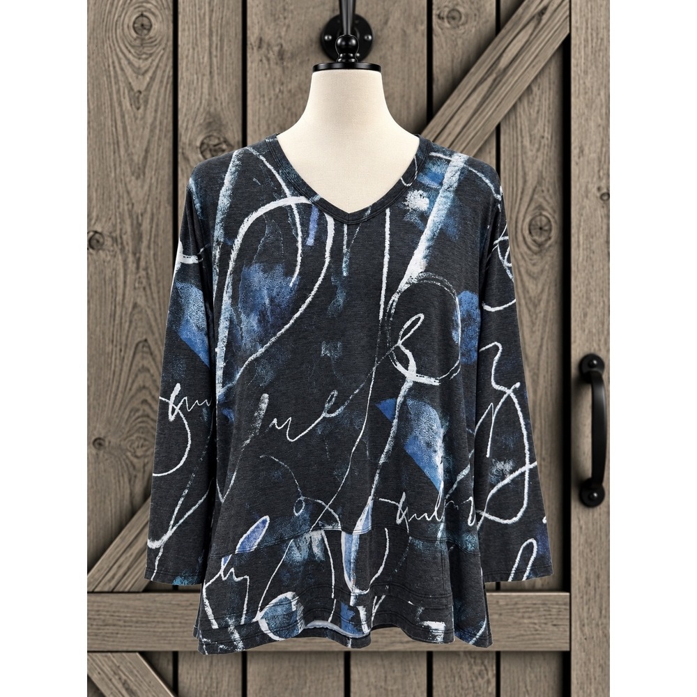 Jess & Jane Calligraphy Top XL Blue Charcoal Abstract V-Neck 3/4 Sleeve USA